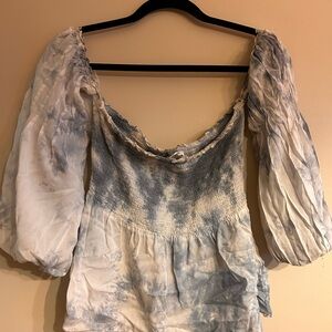 American Eagle Outfitters Light Blue Tie-Dye Puff Sleeve Top